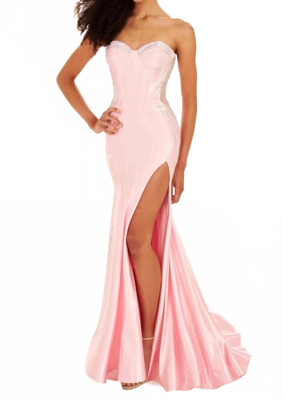 NEW ELLIE WILDE mermaid dress with slit in sakura pink